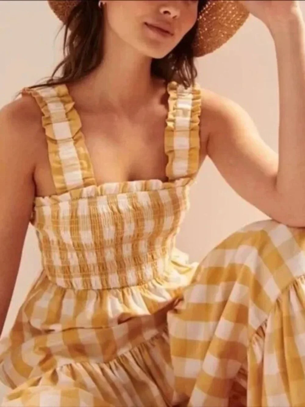 Abercrombie & Fitch Yellow Gingham Ruffle Strap Maxi Dress